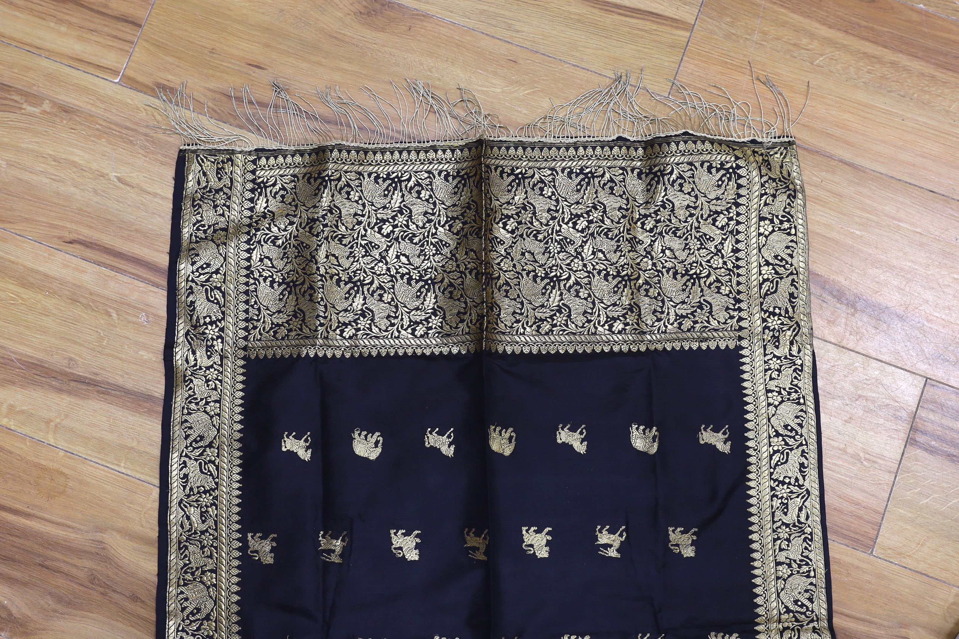 A gold thread Indian embroidered stole, 184 x 57cm